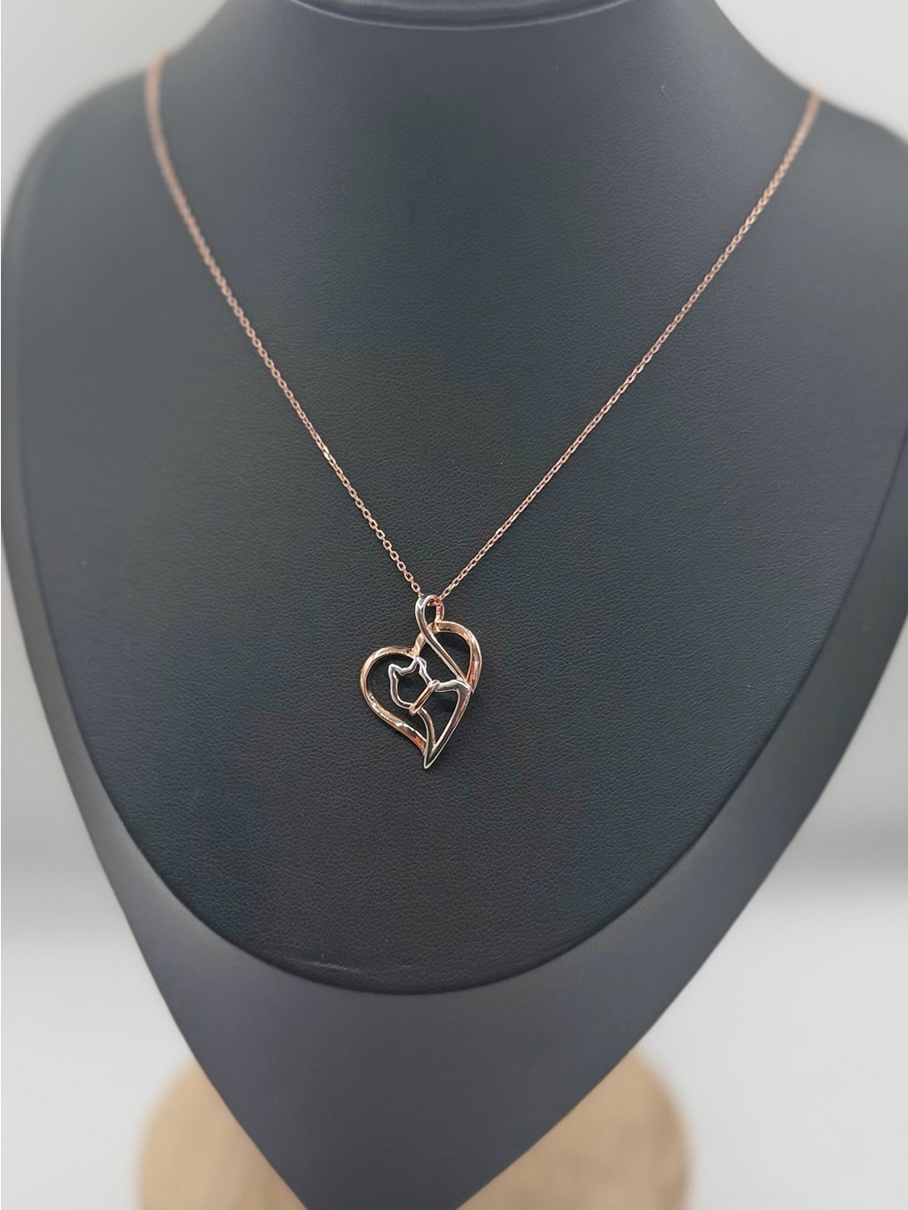 925 Sterling Silver Cat Heart Necklace 18” Two-Tone Rose Gold